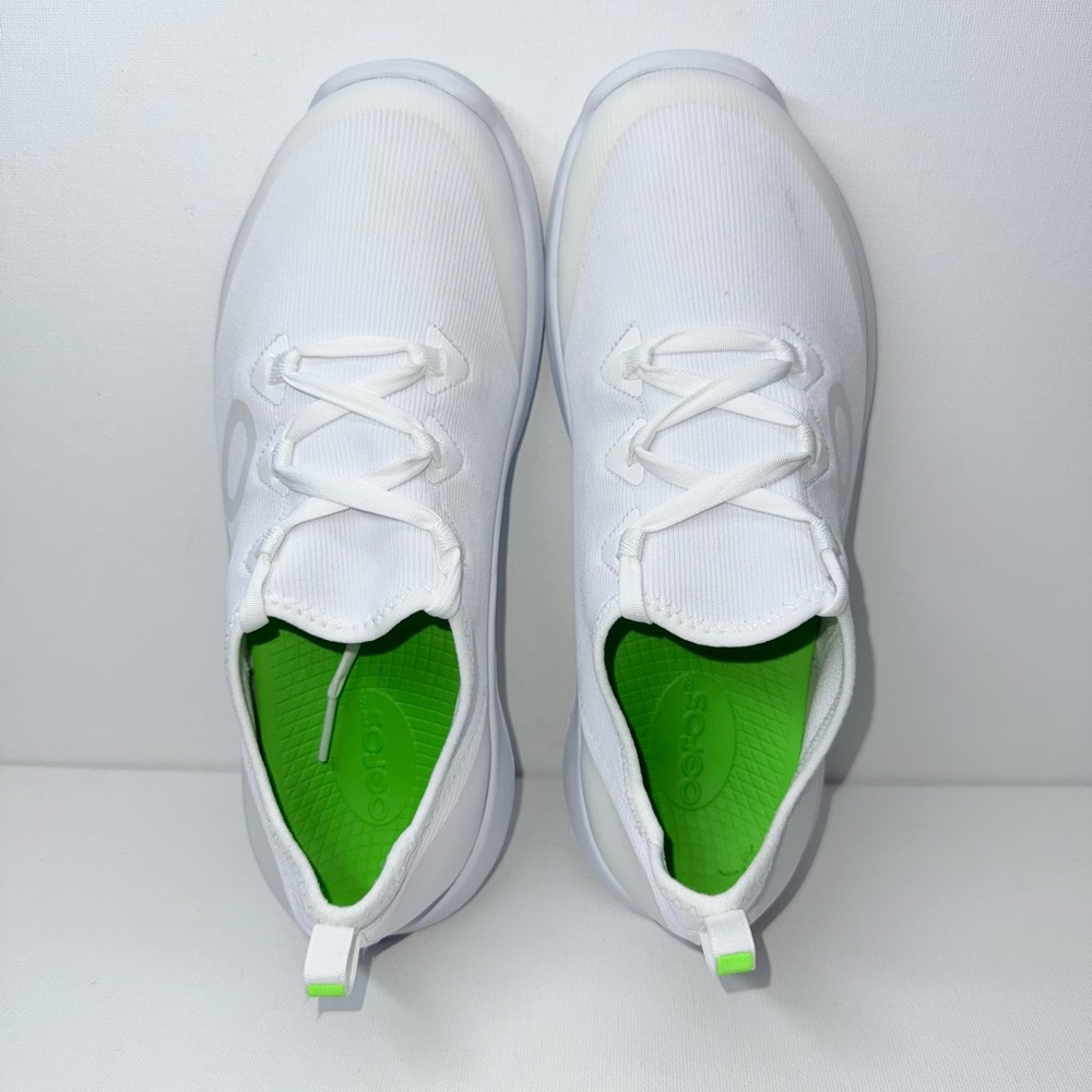 OOFOS Women’s White Athletic Slip-On Sneakers with Light Green Accents - Picture 4 of 8